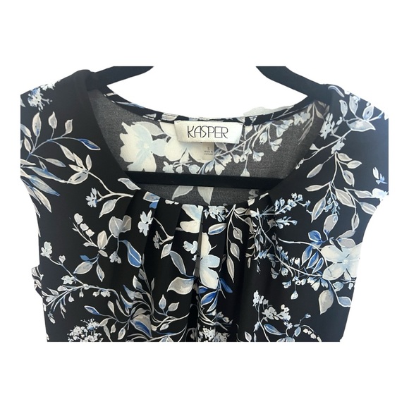Kasper black shell top. Floral pattern with blue and gray. - Picture 2 of 6